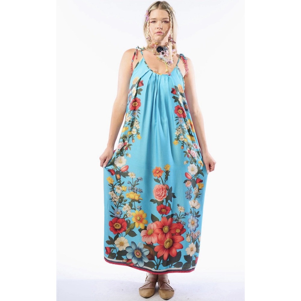 Aratta Floral Garden Dress Small NWT Boho Maxi Turquoise Sleeveless